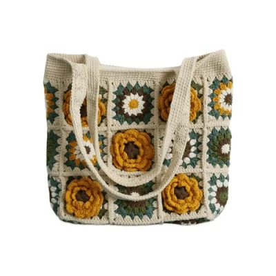 Handmade Crochet Floral Granny Square Tote Bag