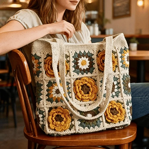 Handmade Crochet Floral Granny Square Tote Bag - Image 2
