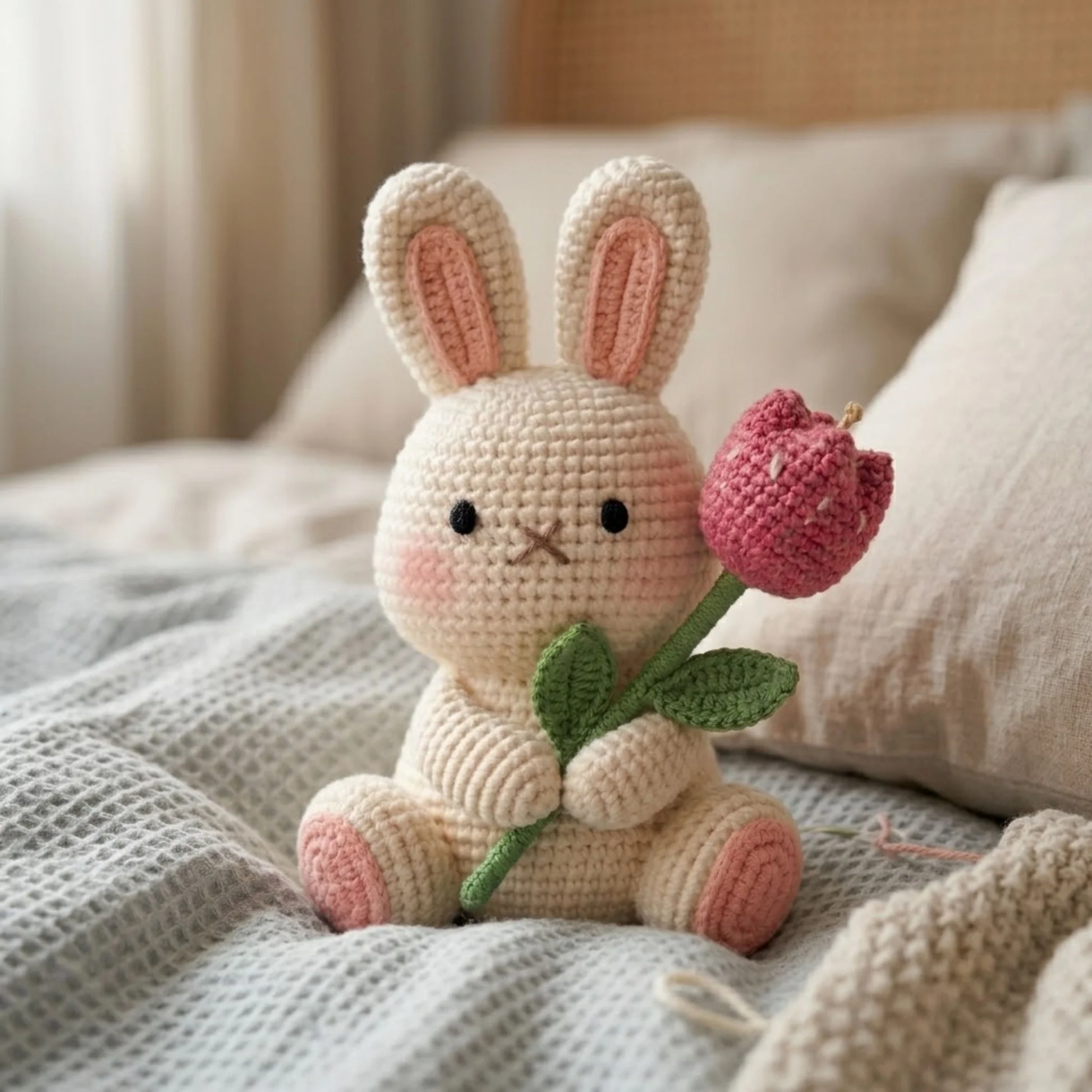 Handmade Crochet Bunny with Tulip - Image 2