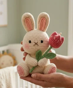 Handmade Crochet Bunny with Tulip - Image 3