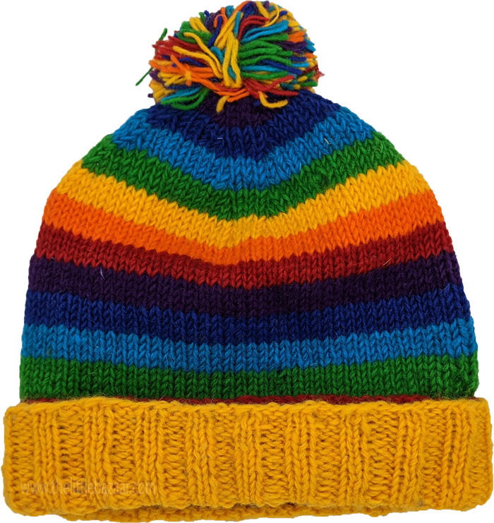 Handmade Rainbow Stripe Knit Pom Pom Beanie