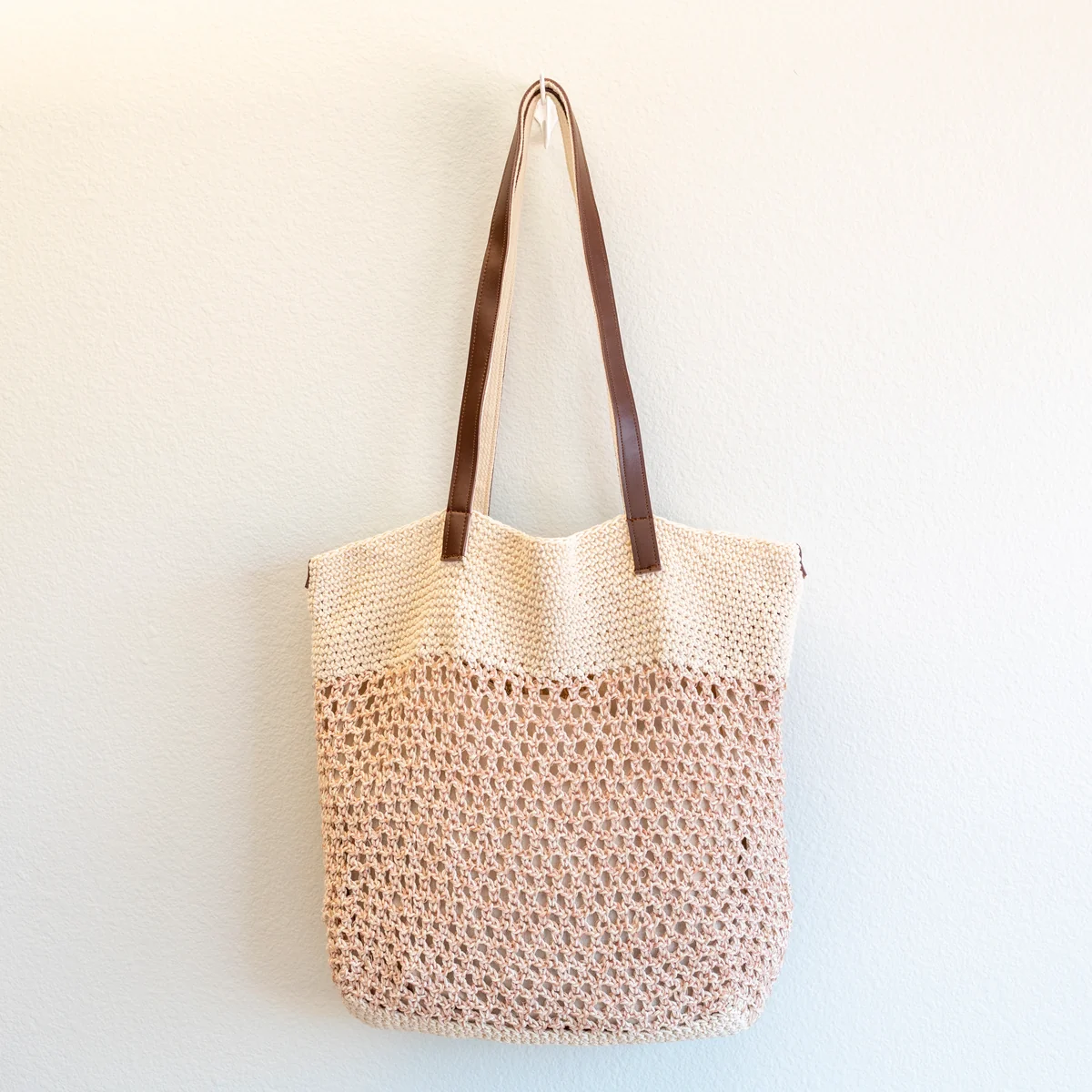 Handmade Crochet Mesh Tote Bag with Leather Handles