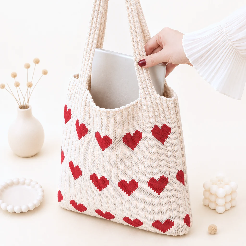 Handmade Knit Heart Pattern Tote Bag - Image 2