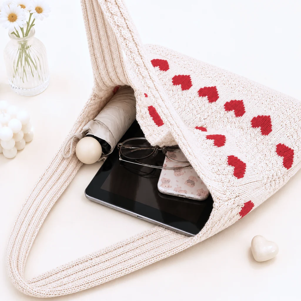 Handmade Knit Heart Pattern Tote Bag - Image 3